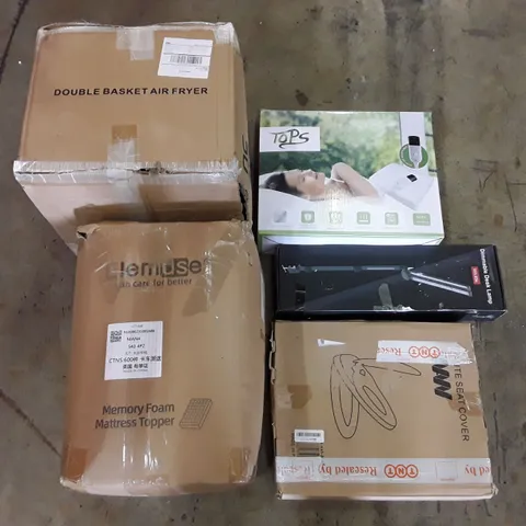 PALLET OF ASSORTED PRODUCTS INCLUDING DOUBLE BASKET AIR FRYER, MEMORY FOAM MATTRESS TOPPER, TOILET SEAT, DIMMABLE DESK LAMP, HEATED THROW