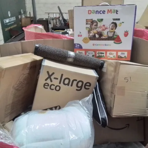 PALLET CONTAINING VARIOUS ASSORTED BOXED HOUSEHOLD ITEMS TO INCLUDE: MATTRESS TOPPER, DANCE MAT, DOOR MAT AND LOTS MORE UNMARKED BOXED ITEMS 