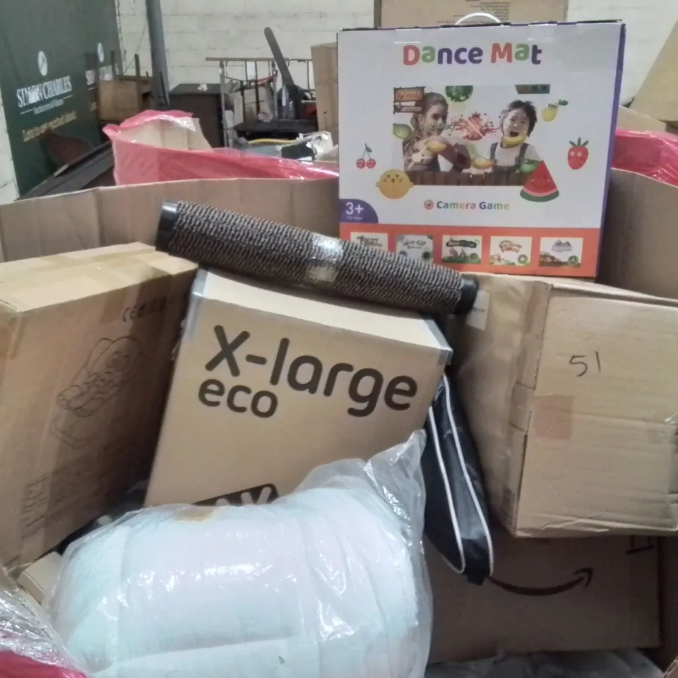PALLET CONTAINING VARIOUS ASSORTED BOXED HOUSEHOLD ITEMS TO INCLUDE: MATTRESS TOPPER, DANCE MAT, DOOR MAT AND LOTS MORE UNMARKED BOXED ITEMS 