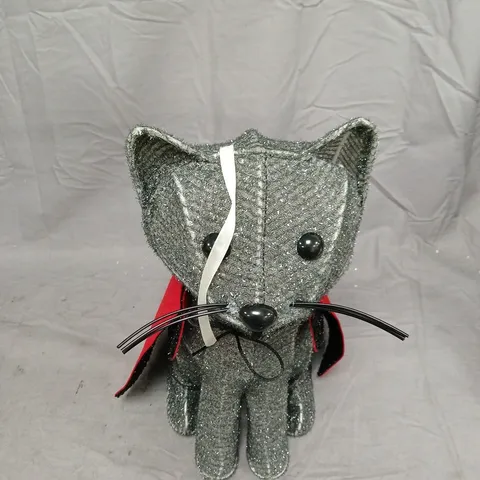 GLITTERY GREY CAT PLUSH TOY WITH RED CAPE .
