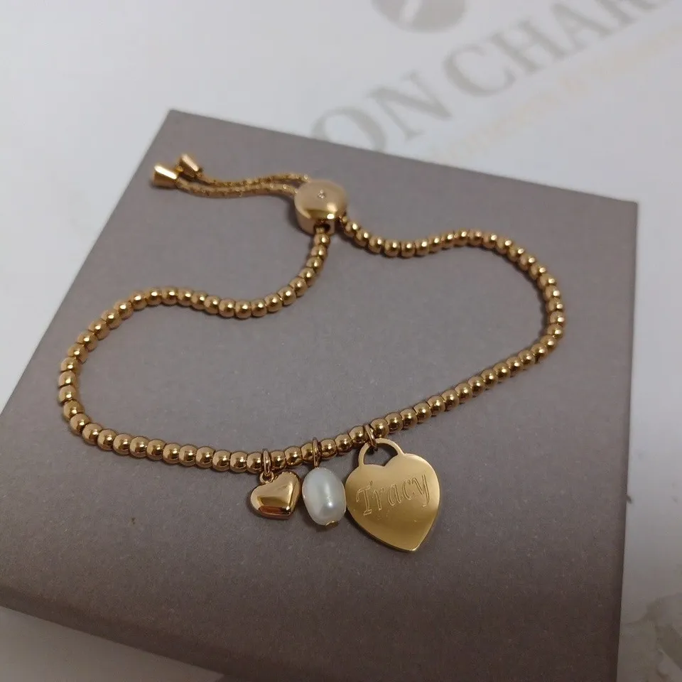 BOXED ROSE GOLD EFFECT BRACELET WITH HEART PENDANT - PERSONALISED `TRACY`