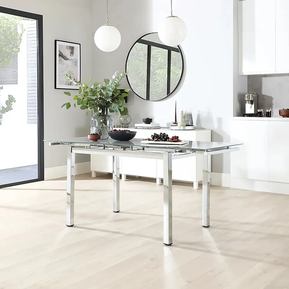 BRAND NEW BOXED SPACE CHROME & GREY GLASS 110-170cm EXTENDING DINING TABLE (1 BOX)