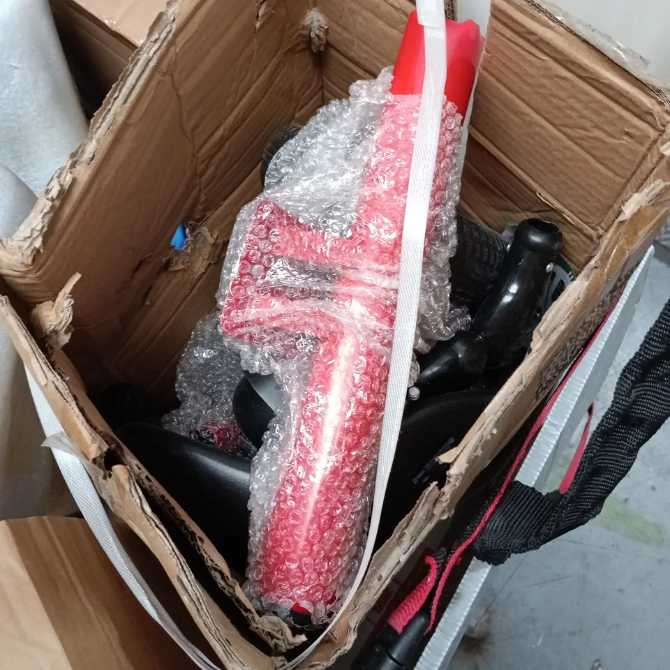 LOT OF APPROXIMATELY 17 ASSORTED HOUSEHOLD ITEMS TO INCLUDE ROLLED ARTIFICIAL GRASS, AIR COLLERS, WOOD EFFECT LAMINATE TILES AND KIDS BIKE