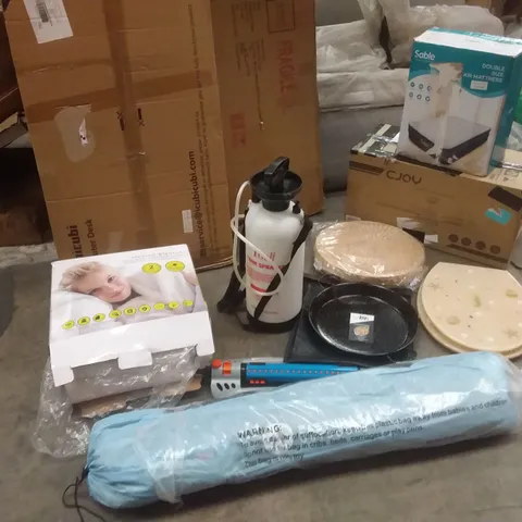 PALLET OF ASSORTED ITEMS TO INCLUDE: HEATED BLANKET, DOUBLE SIZE AIR MATTRESS, TOILET SEAT, COMPUTER DESK, TANK SPRAYER ETC
