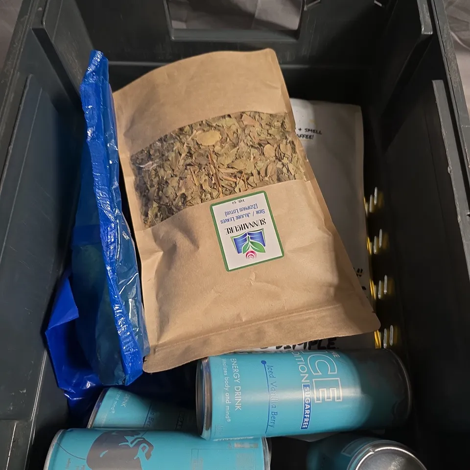 APPROXIMATELY 10 ASSORTED FOOD/DRINK PRODUCTS TO INCLUDE SAUSAGE SEASONING, RAVE COFFEE, RED BULL ETC 