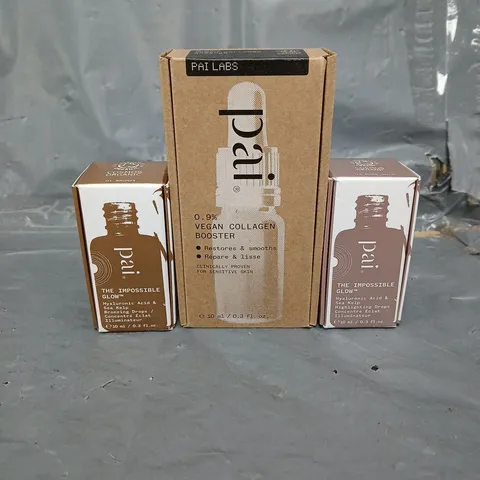PAI SKINCARE LOT OF 3 ASSORTED COSMETIC PRODUCTS TO INCLUDE - BRONZE HIGHLIGHTING DROPS - 0.9% VEGAN COLLAGEN BOOSTER - ROSE GOLD HIGHLIGHTING DROPS