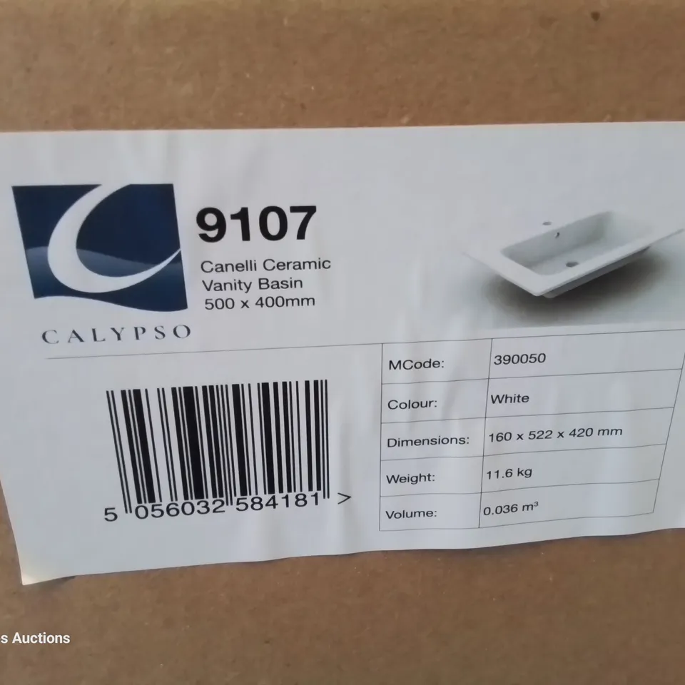 BOXED CANELLI CERAMIC SINGLE TAP VANITY BASIN WHITE 500 × 400mm