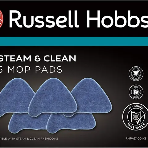 BOXED RUSSELL HOBBS REPLACEMENT STEAM MOP PADS FOR RHSM1001-G STEAM & CLEAN MOP, PACK OF 5, RHPAD1001-G