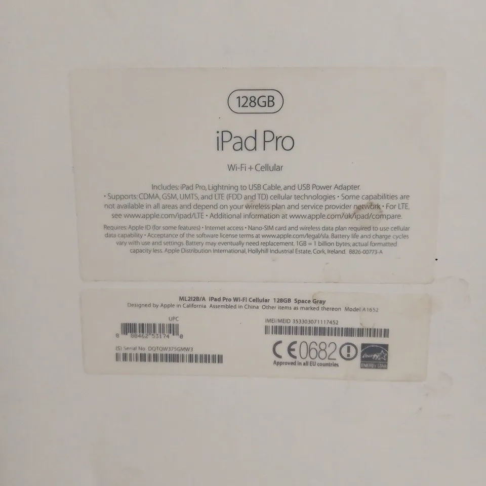 APPLE IPAD PRO 128GB WI-FI + CELLULAR (SILVER) – MODEL A1652, BOXED