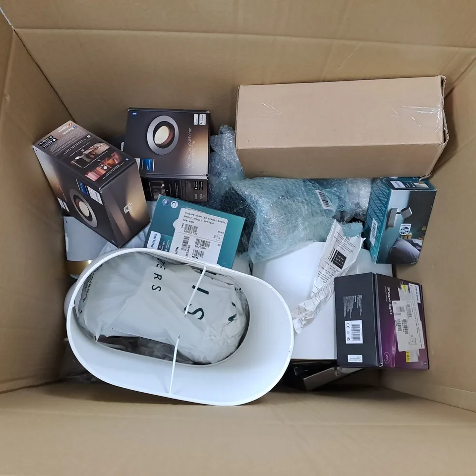 LARGE BOX OF ASSORTED LIGHTING TOO INCLUDE LIGHT SHADES , SMART LIGHTING AND SINGLE SPOTLIGHTS 