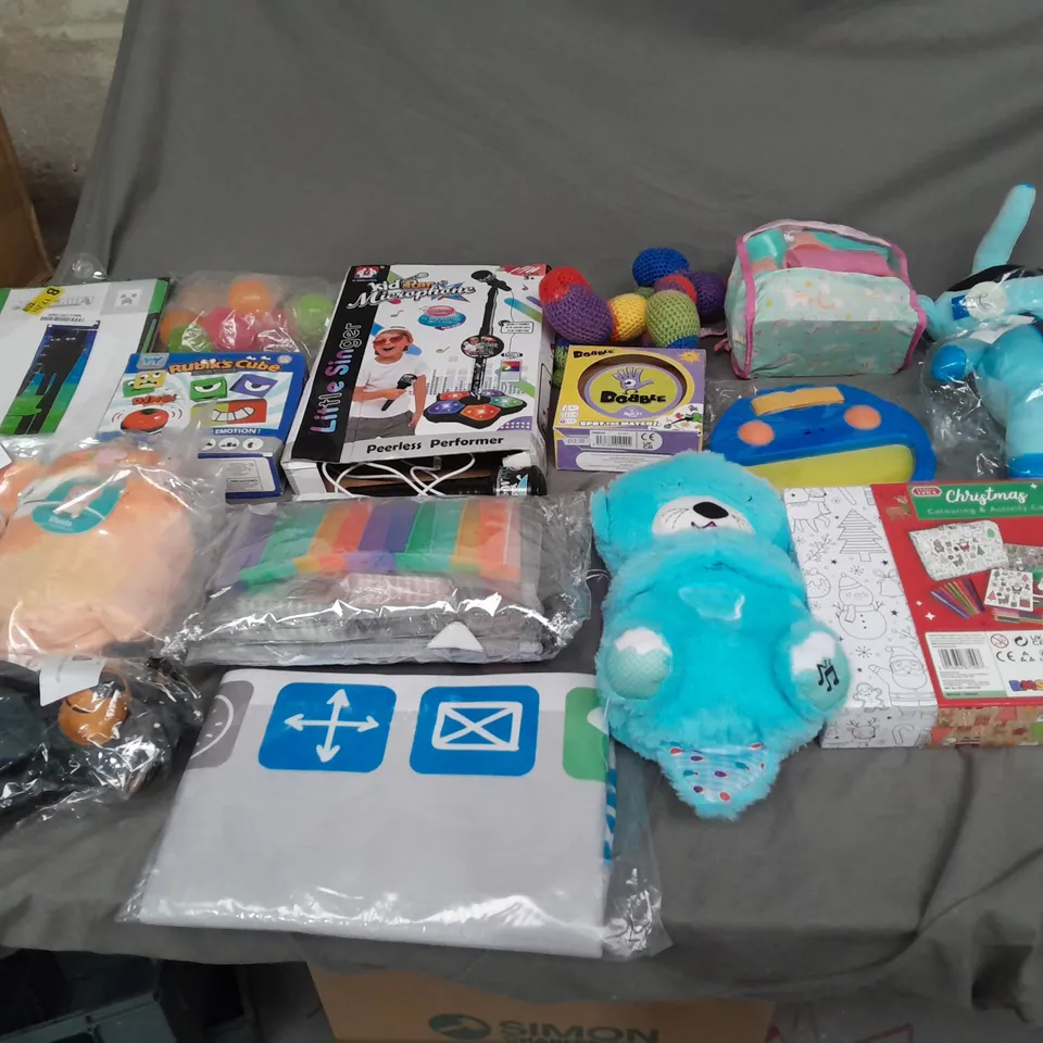 LARGE QUANTITY OF ASSORTED TOYS AND GAMES TO INCLUDE - PLUSHIES, DOBBLE, AND MINECRAFT HEIGHT CHART ETC. 