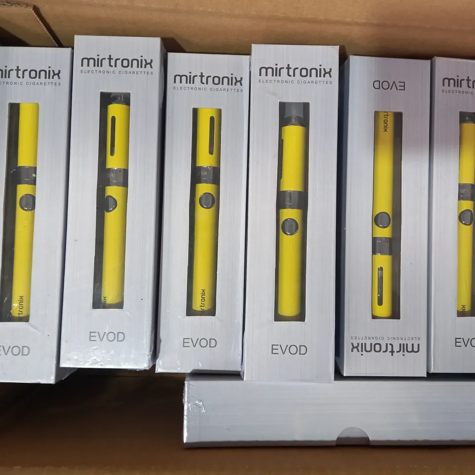 BOX OF APPROXIMATELY 25 MIRTRONIX EVOD ELECTRONIC CIGARETTES IN YELLOW