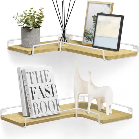 BOXED VASAGLE SET OF 2 FLOATING L-SHAPED CORNER SHELVES, NATURAL OAK AND CLOUD WHITE