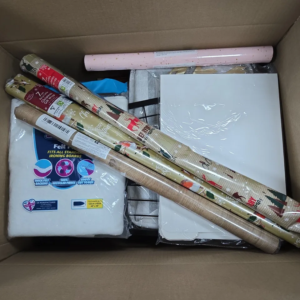 APPROXIMATELY 15 ASSORTED HOUSEHOLD PRODUCTS TO INCLUDE GIFT WRAP, M&S PILLOWCASES, MINKY FELT PAD, ETC