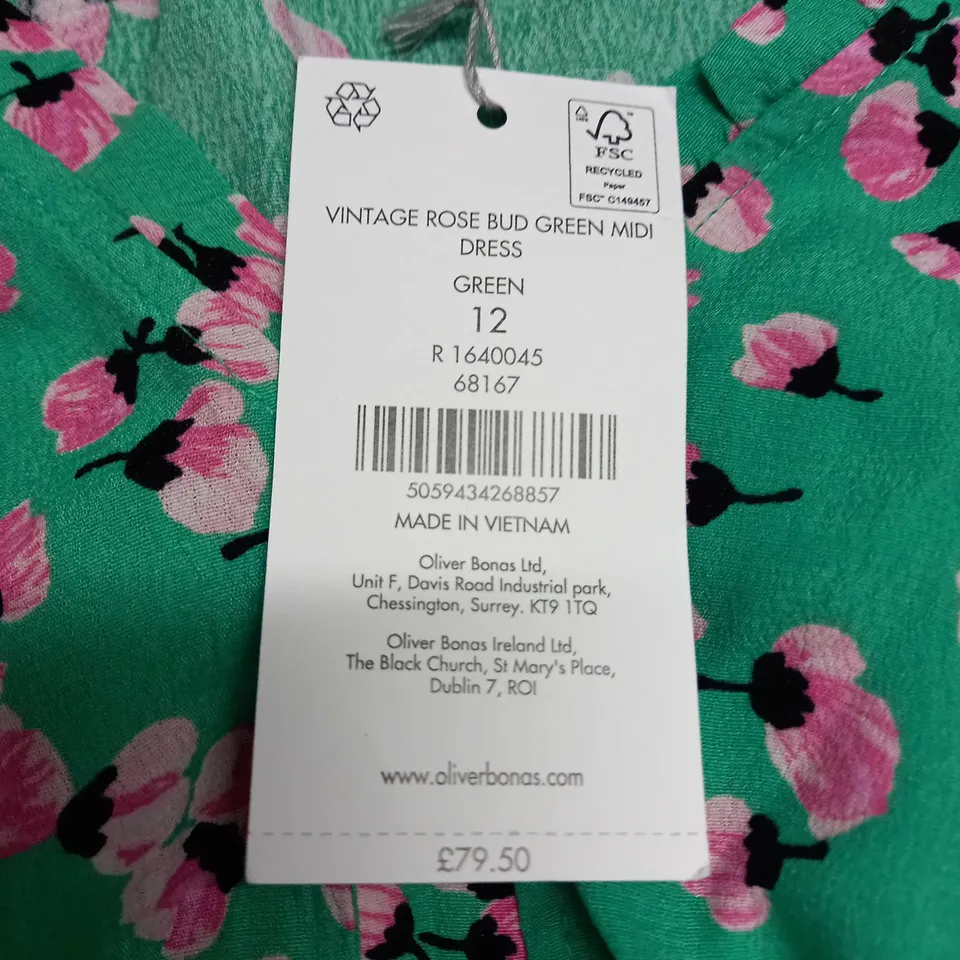 OLIVER BONAS VINTAGE ROSE BUD GREEN MIDI DRESS SIZE 12