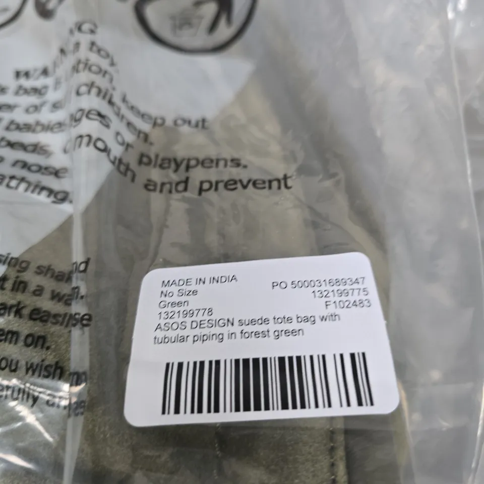 ASOS DESIGN SUEDE TOTE BAG – FOREST GREEN. BAGGED