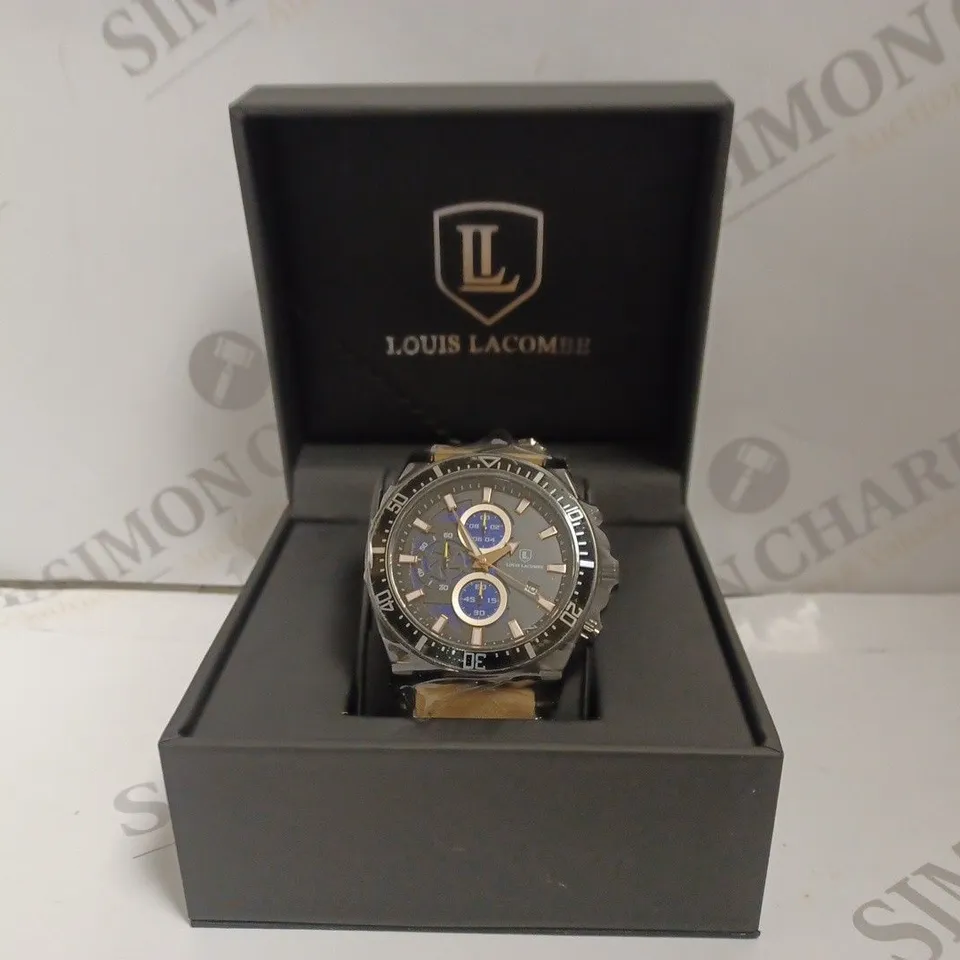 BOXED LOUIS LACOMBE LUXURY MENS CHRONOGRAPH WATCH - 3ATM WATER RESISTANT - LEATHER STRAP 