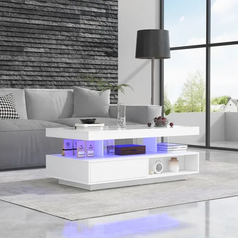 BOXED LED COFFEE TABLE WITH GLASS & DRAWER, HIGH GLOSS CENTRE TABLE FOR LIVING ROOM