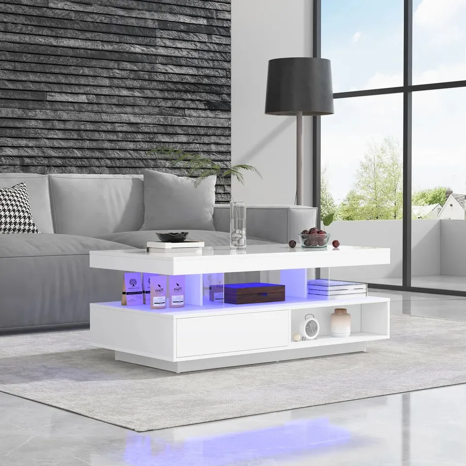 BOXED LED COFFEE TABLE WITH GLASS & DRAWER, HIGH GLOSS CENTRE TABLE FOR LIVING ROOM