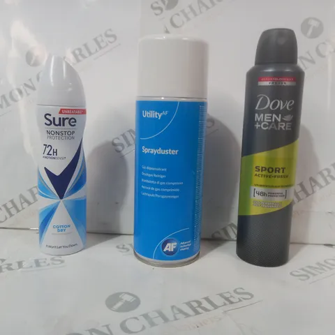 APPROXIMATELY 15 ASSORTED AEROSOL ITEMS IN INCLUDE DOVE MEN CARE ANTI-PERSPIRANT, SURE ANTI-PERSPIRANT, UTILITY AF SPRAYDUSTER, ETC - COLLECTION ONLY