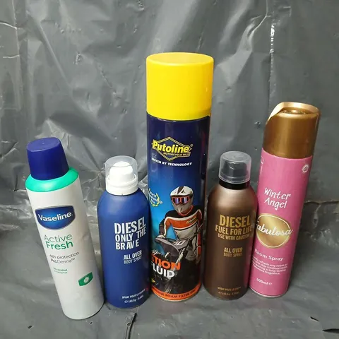 APPROXIMATELY 20 ASSORTED AEROSOLS TO INCLUDE WINTER ANGEL ROOM SPRAY (300ml), DIESEL FUEL FOR LIFE BODY SPRAY (163.9g), PUTOLINE ACTION FLUID (600ml), ETC - COLLECTION ONLY