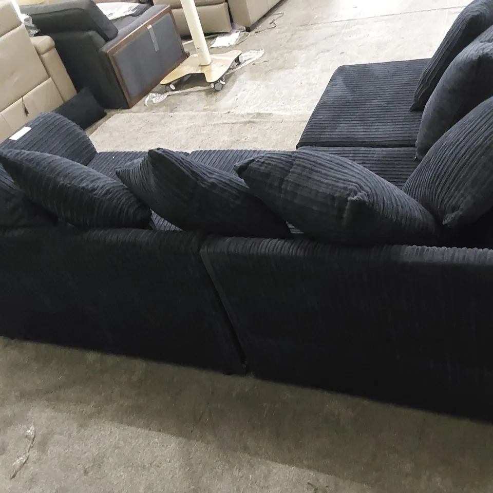 DESIGNER FABRIC NAVY COLOURED CORNER SOFA WITH CUSHIONS 