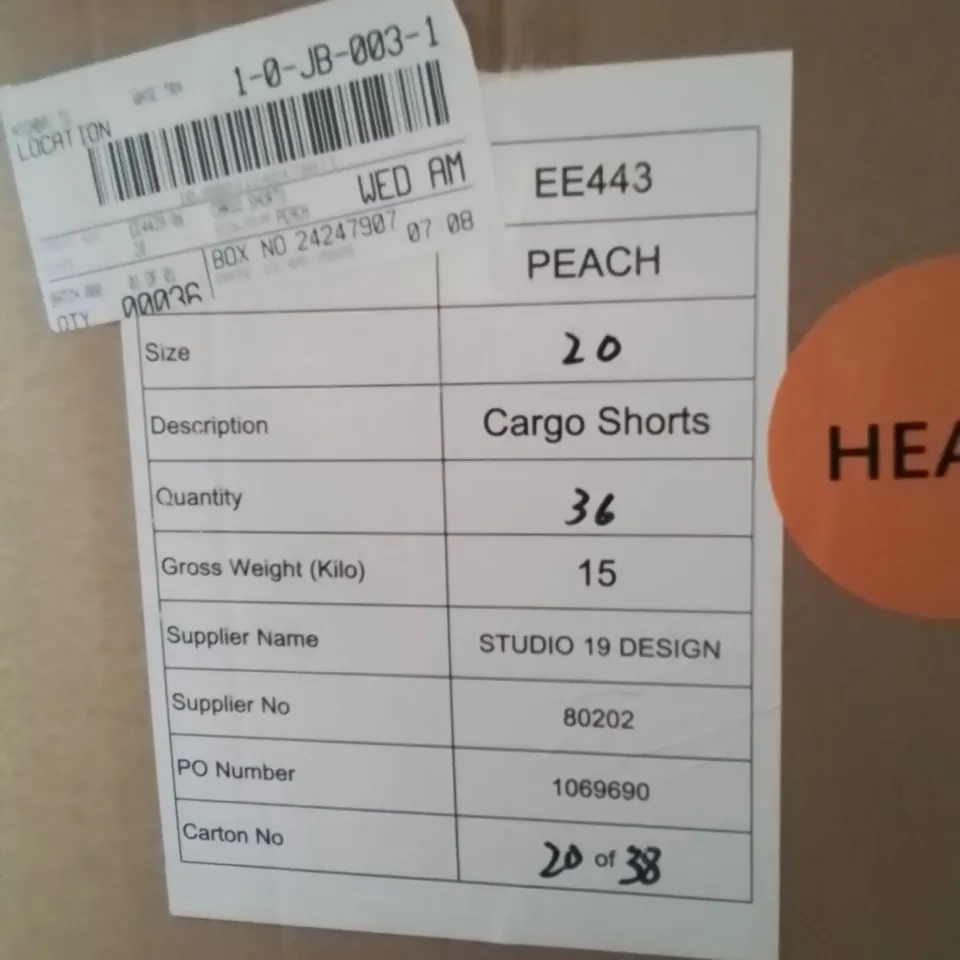 BOXED BRAND NEW APPROXIMATELY 36 JD CARGO SHORTS PEACH SIZE 20