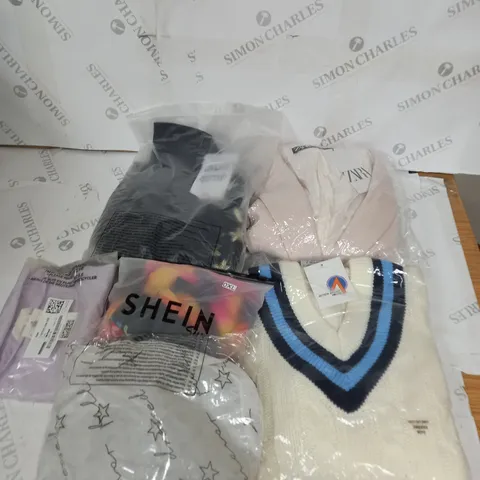 LARGE BOX OF ASSORTED CLOTHING ITEMS IN VARIOUS COLOURS AND SIZES INCLUDING TROUSERS , TOPS AND JUMPERS