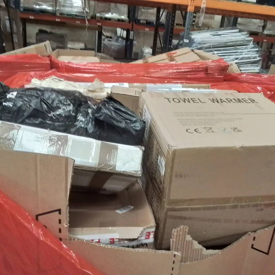 PALLET OF ASSORTED HOUSEHOLD GOODS AND PRODUCTS TO INCLUDE;TOILET SEAT COVER,CEILING FAN WITH LIGHT,STORAGE BOX