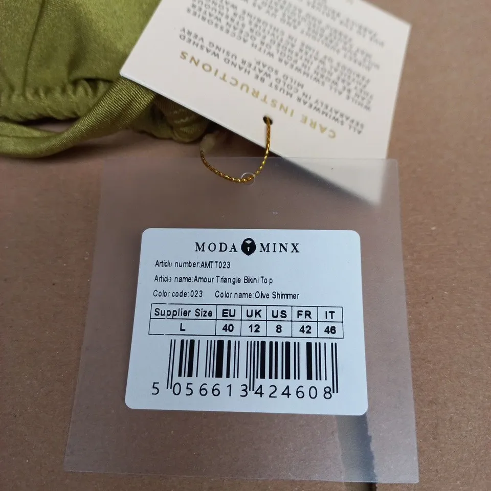 MODA MINX AMOUR TRIANGLE BIKINI TOP – OLIVE SHIMMER, UK 12 (EU 40)