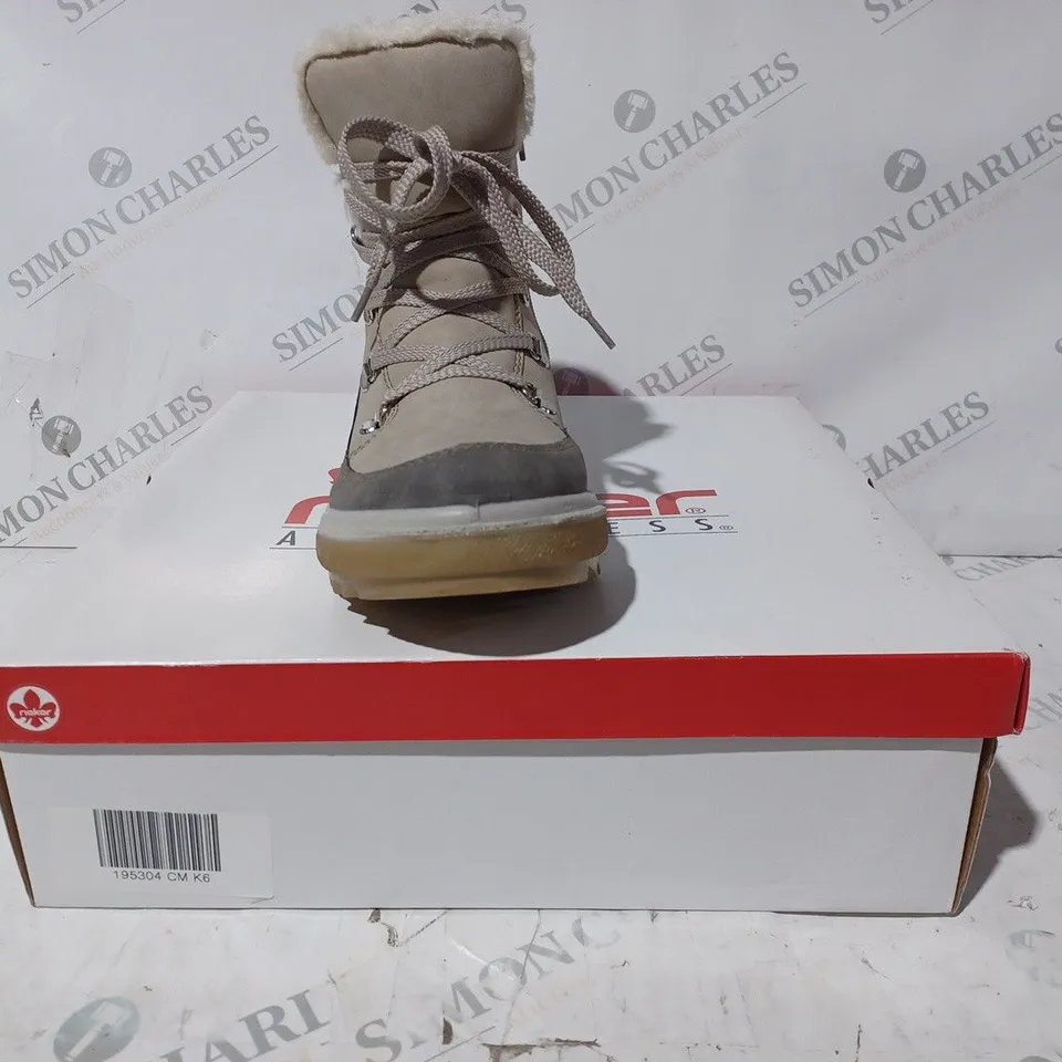 BOXED PAIR OF RIEKER ANTISTRESS WARM HIKING BOOTS, CREAM - SIZE 6