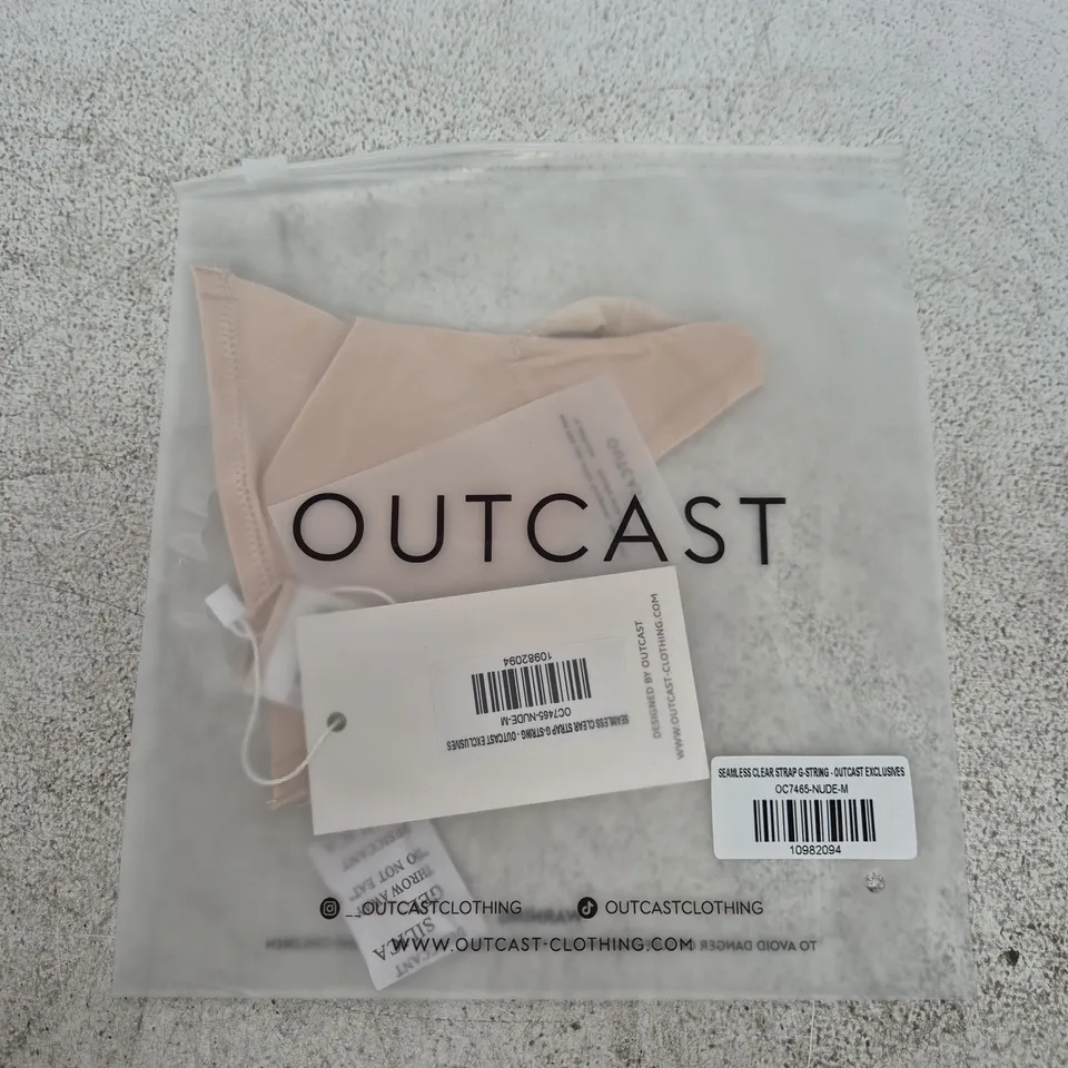 BAGGED OUTCAST CLOTHING SEAMLESS CLEAR STRAP G‑STRING – NUDE – SIZE M