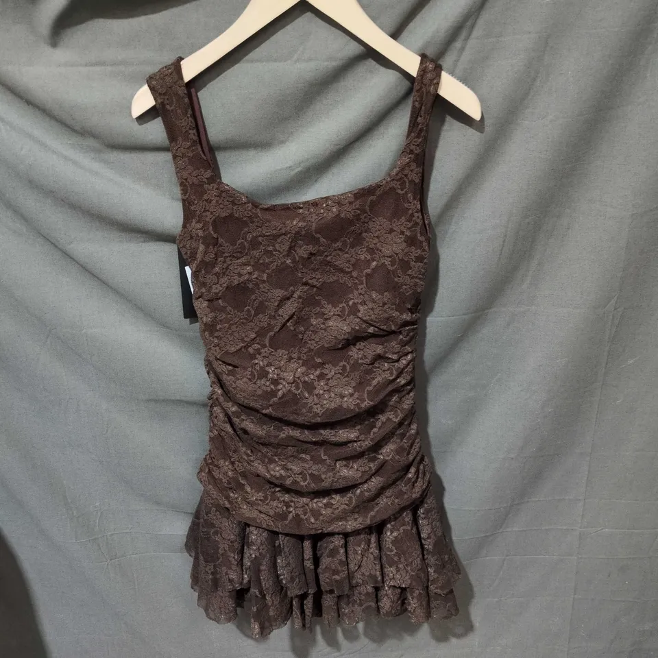 EGO BROWN LACE DRESS WITH FRINGE HEM – UK 12 (EU 12, US 8)