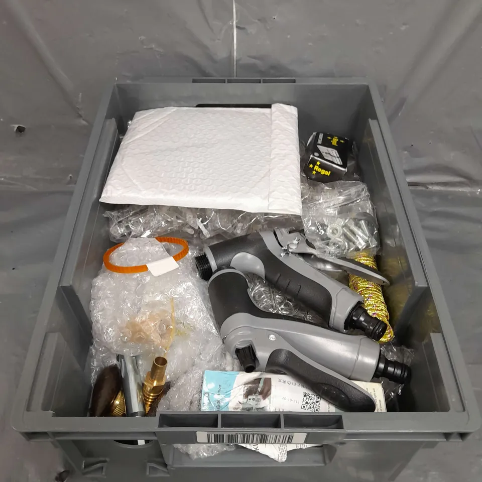 TOTE OF APPROX 10 HOUSEHOLD ITEMS TOO INCLUDE STRING LIGHTS , PORTABLE FANS , HOSE SPRAYERS  , ETC. 