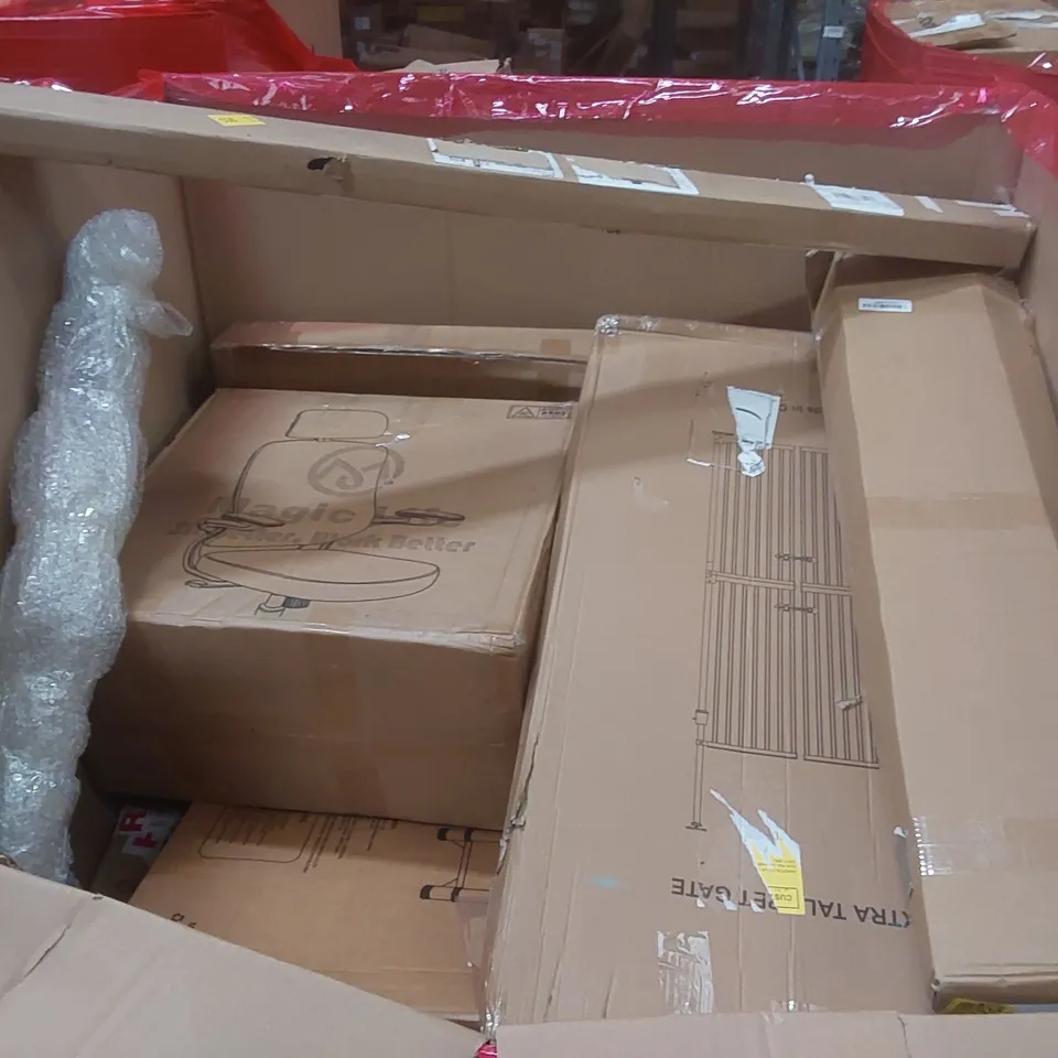 PALLET CONTAINING A LARGE QUANTITY OF ASSORTED ITEMS INCLUDING: OFFICE CHAIR, RADIATOR COVER, CEILING FAN, VIBRATION PLATE EXERCISE MACHINE, METAL GARDEN FENCE ECT