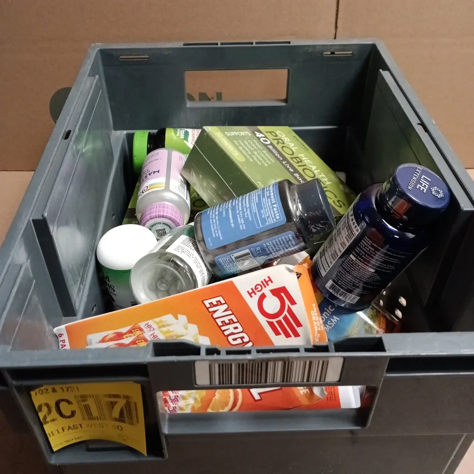 TOTE OF APPROXIMATELY 20 ASSORTED HEALTH/VITAMIN RELATED ITEMS TO INCLUDE HIGH 5 ENERGY GEL, ORAL HEALTH PROBIOTICS, BODY MAGIC, PROHEALTH LONGEVITY, COMPLETEB COMPLEX ETC