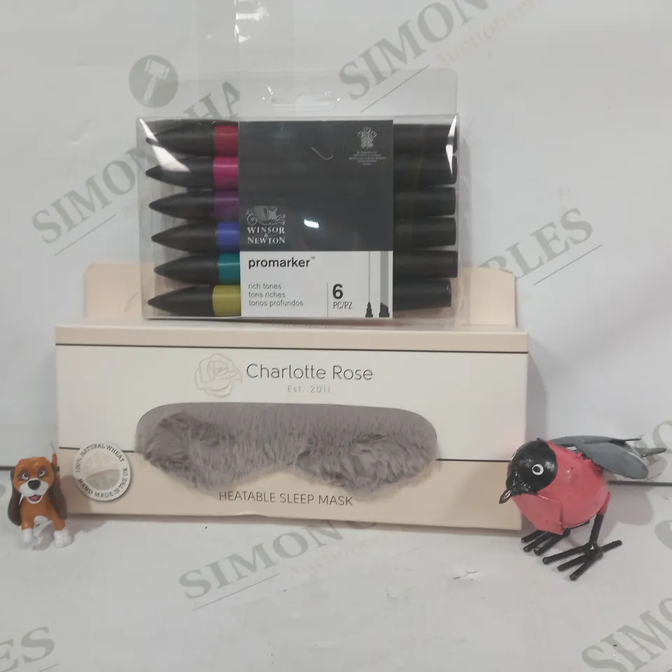LOT OF APPROXIMATELY 10 ASSORTED HOUSEHOLD ITEMS TO INCLUDE CHARLOTTE ROSE HEATABLE SLEEP MASK, WINSOR & NEWTON PROMARKER, ETC