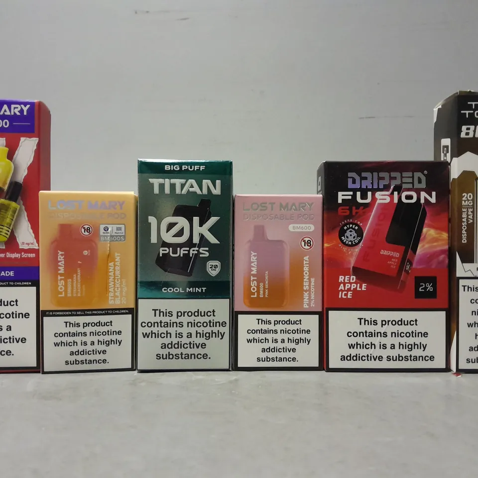 APPROXIMATELY 20 ASSORTED E-CIGARETTE PRODUCTS TO INCLUDE - LOST MARY , TICK TOK , DRIPPED FISION ETC