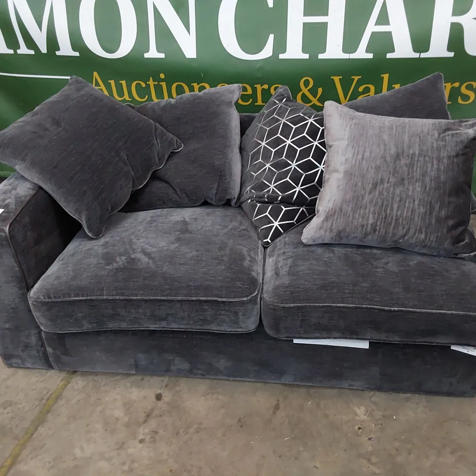 DESIGNER CHELSEA TWO SEATER SECTION WITH SCATTER CUSHIONS PLUSH CHARCOAL FABRIC 