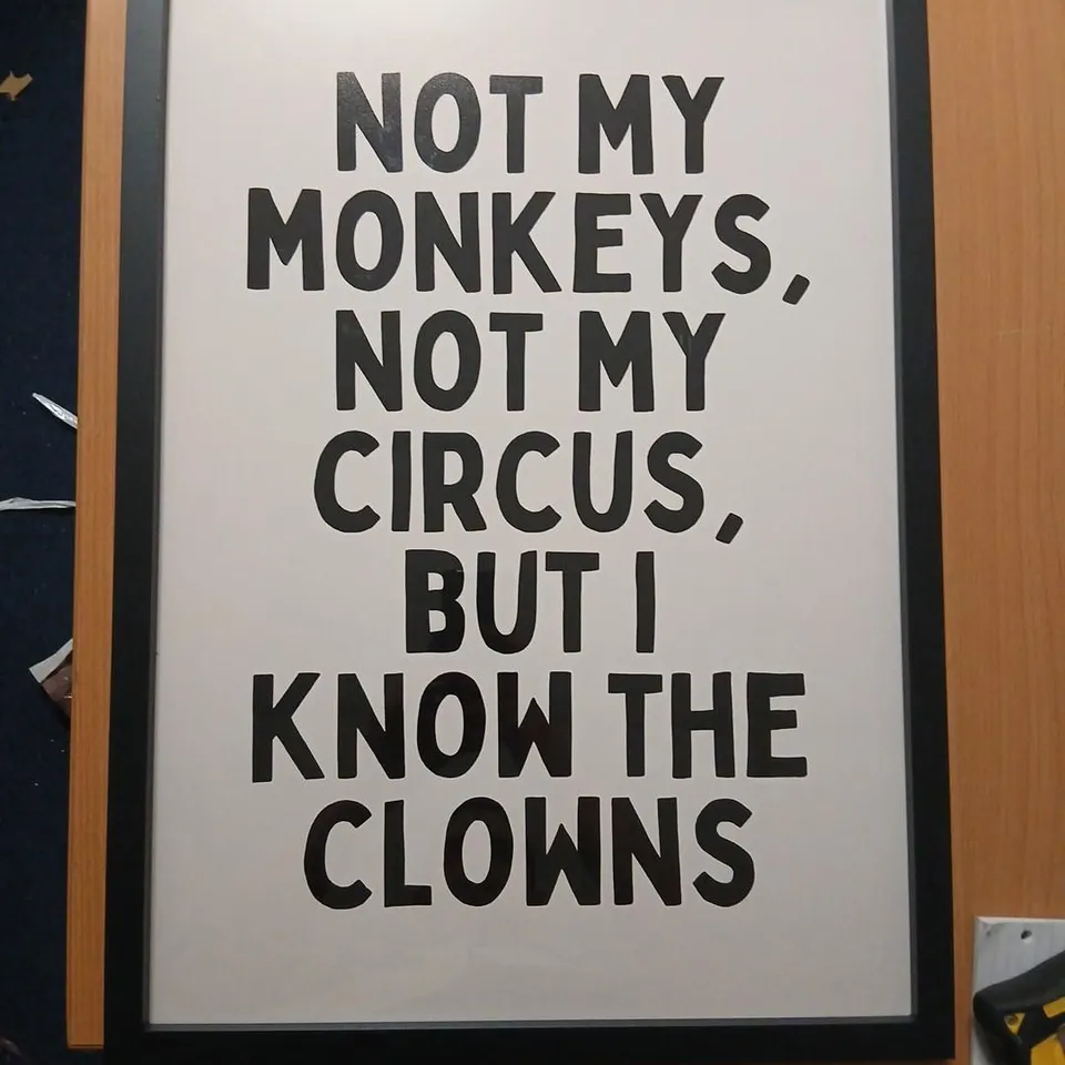 NOT MY MONKEYS, NOT MY CIRCUS, BUT I KNOW THE CLOWNS – FRAMED POSTER