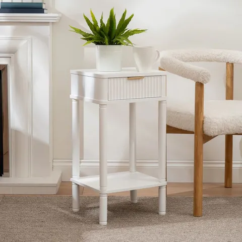 BOXED HOUSE OF FIGO WHITE SIDE TABLE WITH RIBBED DRAWER (1 BOX)
