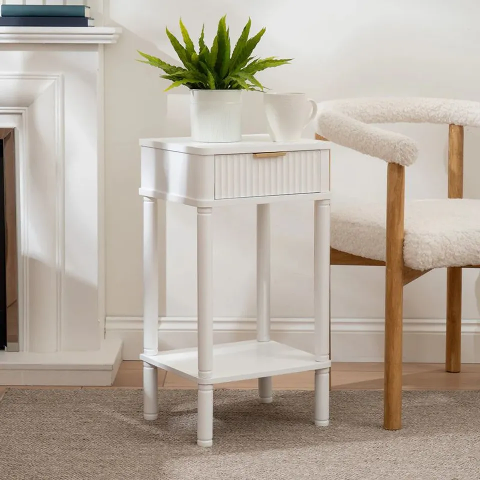 BOXED HOUSE OF FIGO WHITE SIDE TABLE WITH RIBBED DRAWER (1 BOX)