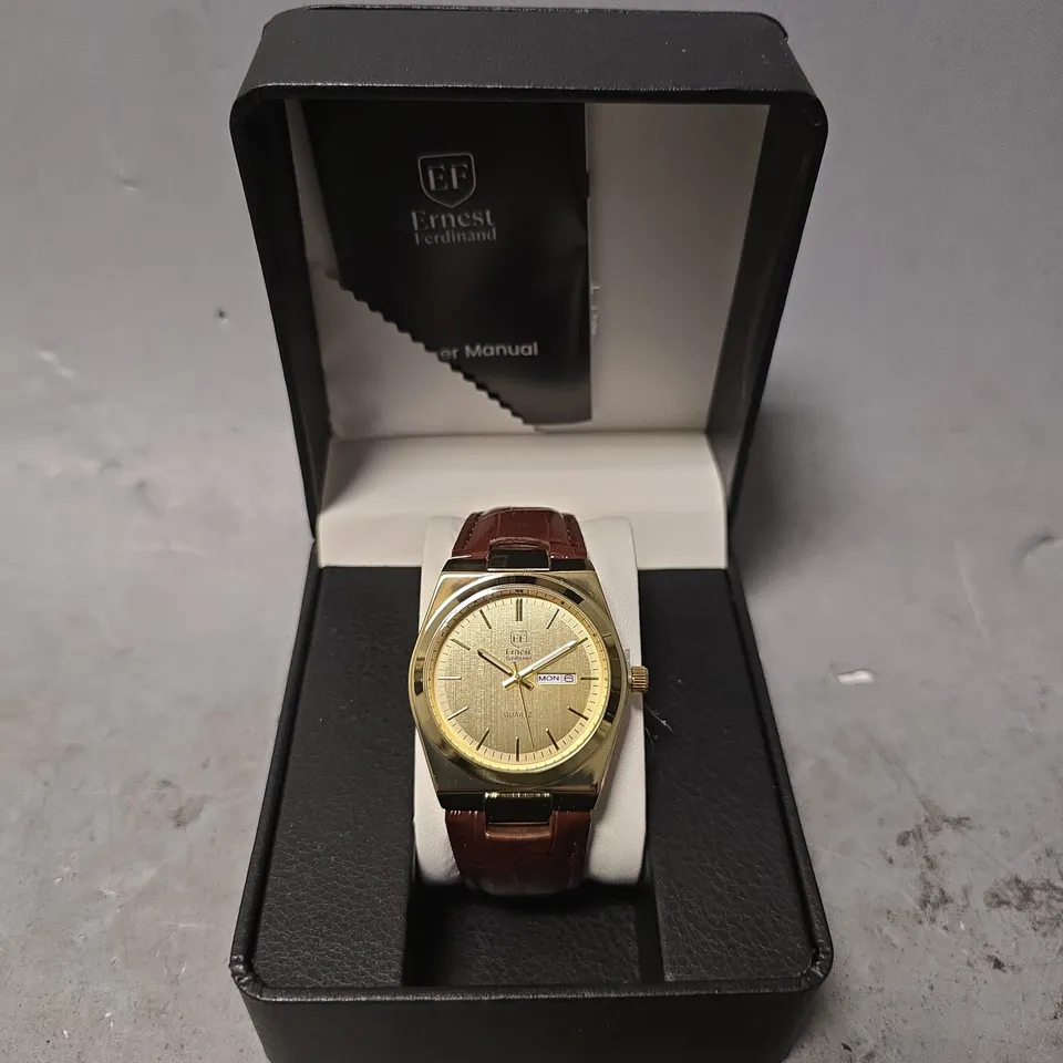 ERNEST FERDINAND WATCH – DAY DATE CALENDAR DIAL – LEATHER STRAP – 3ATM WATER RESISTANT - GIFT BOX