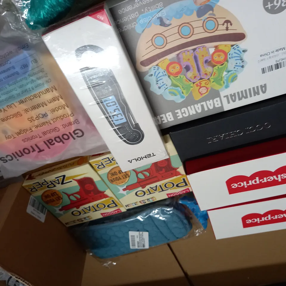 LARGE QUANTITY OF ASSORTED HOUSEHOLD ITEMS TO INCLUDE TEMOLA MEAT THERMOMETER, ANIMAL BALANCE BEAM AND FISHER PRICE SUN GLASSES