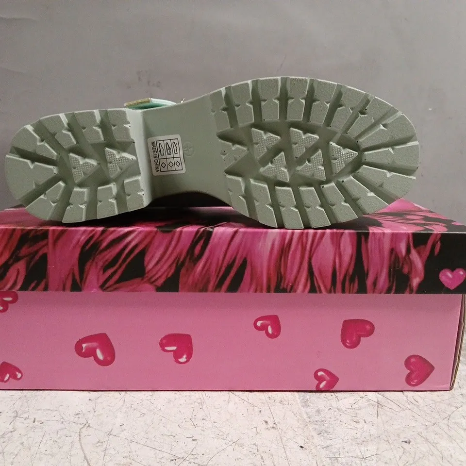 BOXED PAIR OF KOI TIRA PEARL MARY JANES SKY JEWEL EDITION IN BLUE SIZE UK 4