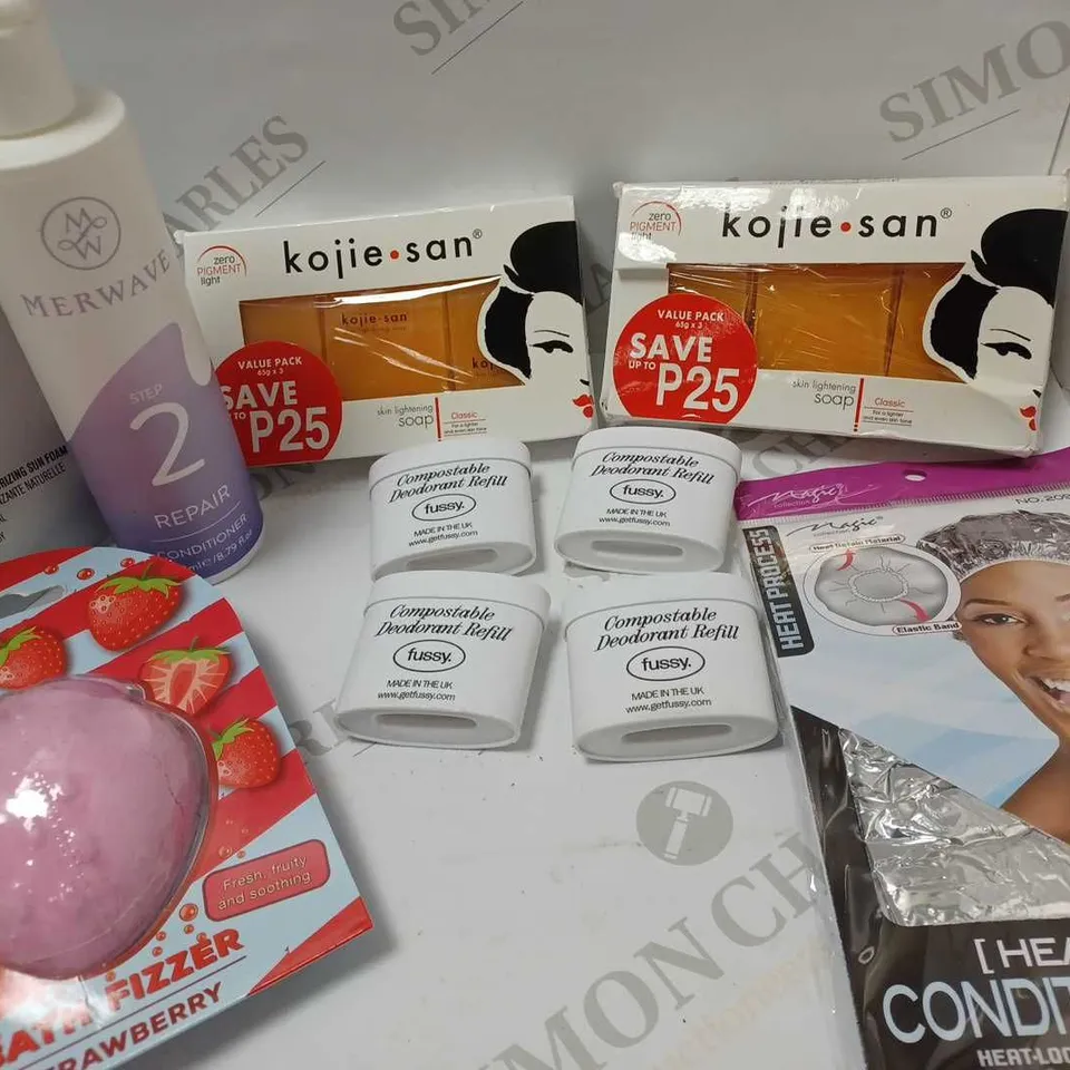 LOT OF TEN TO INCLUDE KOJIE SAN SOAPS , MERWAVE CONDITIONER AND DEODORANT REFILLS