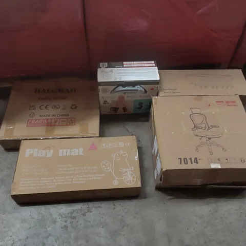 PALLET OF ASSORTED ITEMS INCLUDING: FOLDING EXERCISE BIKE, OFFICE CHAIR, INTELLIGENT TOWEL DRYER, VANITY MIRROR, BABY UPSEAT, PLAYMAT ECT