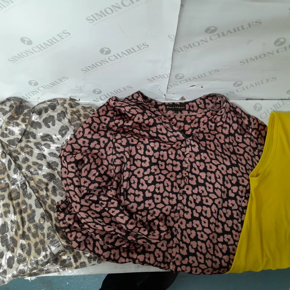 A BOX OF 10 VARIOUS ITEMS OF CLOTHING TO INCLUDE A HELEN BERMAN LEOPARD PRINT DRESS A FRANK USHER PINK BLOUSE AND A KIM&CO. YELLOW TOP