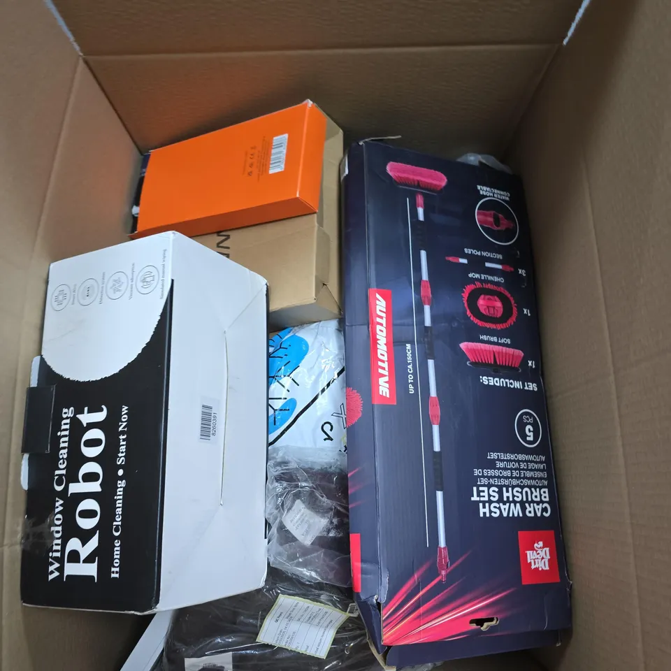 LARGE BOX OF ASSORTED ELECTRICAL ITEMS TO INCLUDE WINDOW CLEANER, CAR WASH BRUSH SET AND PICTURE FRAMES 