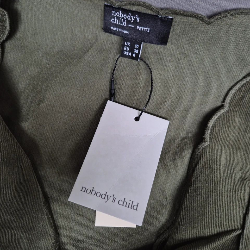NOBODY'S CHILD OLIVE GREEN PETITE DRESS – BUTTON-FRONT, UK 10 (EU 38, USA 6)